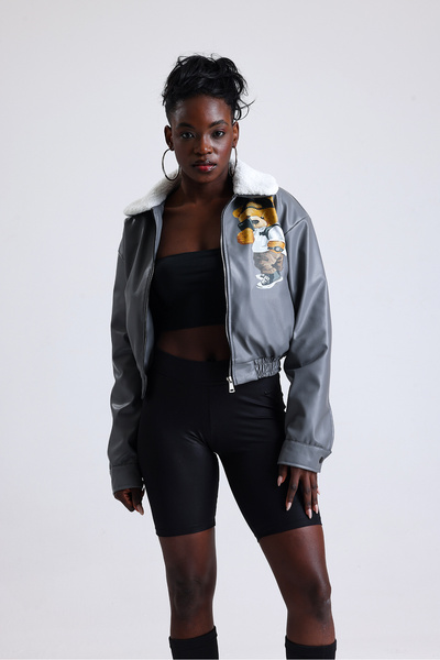 Black Level Жіночий шкіряний комір з хутром, застібка-блискавка, оверсайз-пальто з принтом, еластичний пояс, бомбер-пальто, сірий