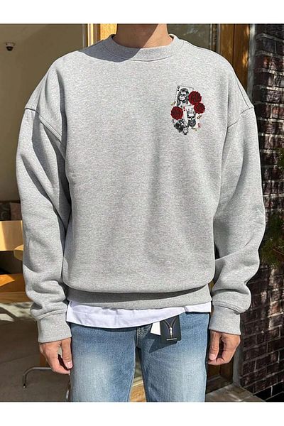 Rokeby Βαμβακερό Unisex Oversize Φούτερ με στάμπα με λαιμόκοψη σε γκρι χρώμα