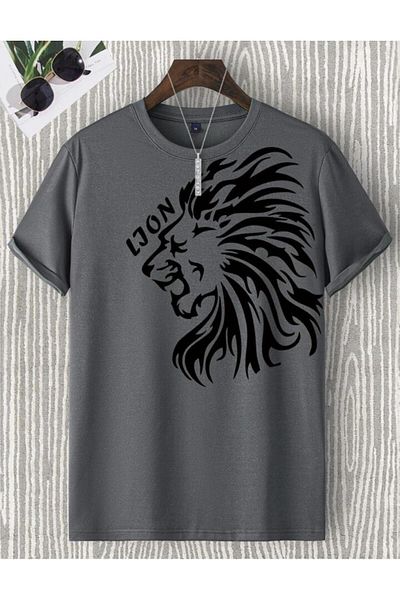 AFROGİYİM Μπλουζάκι Unisex Anthracite Lion Digital Printed Oversize