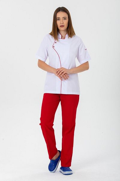 TIPTEKS Women's Comfort White Short Sleeve Single Cook Jacket - Red Piping