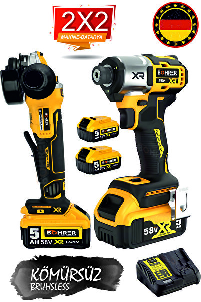 BÖHRER 2'Lİ KÖMÜRSÜZ V58 KADEMELİ AKÜLÜ TAŞLAMA ,SARI 2X Lİ-ON BATARYA , V58 DARBELİ TORKLU VİDALAMA MATKAP