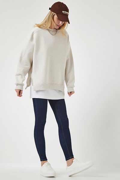 Happiness İstanbul Beiges Strick-Sweatshirt mit Reißverschluss und Reliefmuster für Damen UB00148