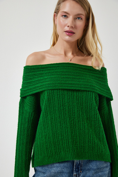 Happiness İstanbul Γυναικείο Πλεκτό πουλόβερ Madonna Collar σε σκούρο πράσινο χρώμα PF00049