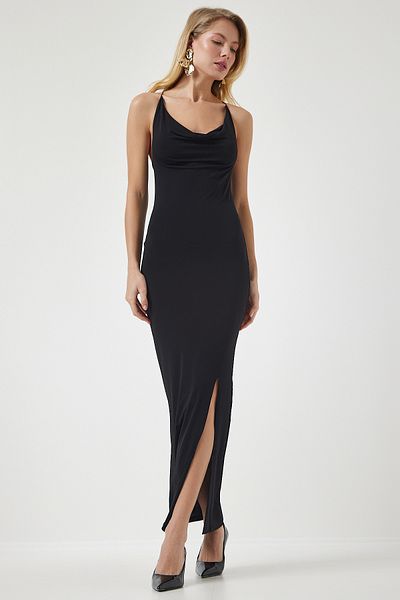 Happiness İstanbul Rochie de damă, neagră, cu bretele încrucișate, cu fantă, nisip, DZ00113