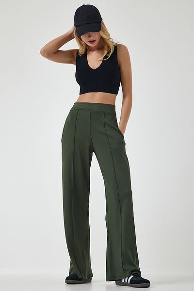Happiness İstanbul Khakifarbene, dehnbare Jogginghose mit hoher Taille für Damen BF00030
