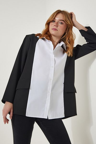Happiness İstanbul Dámska čierno-biela košeľa s oversize dizajnom bundy KJ00006