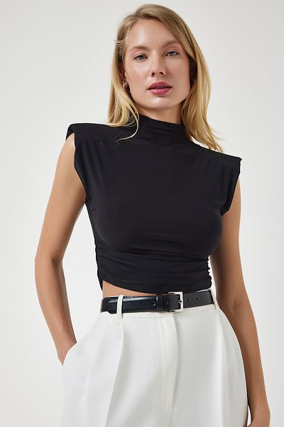 Happiness İstanbul Women's Black Stand Collar Gathered Crop Knitted Blouse CI00101