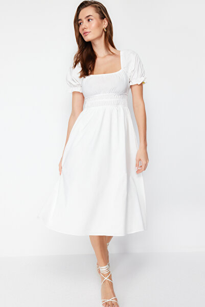 Kolekcia Trendyol Biele skaterské/kombinované balónové rukávy podšité midi podšívkou tkané šaty TWOSS22EL1768