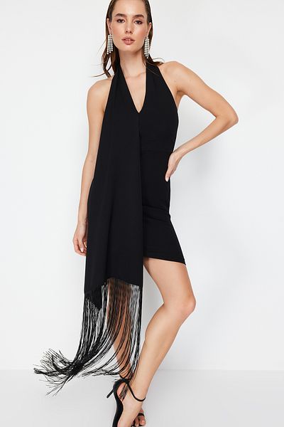 Trendyol Collection Rochie de seara scurta cu ciucuri neagra - TPRSS24EL00103