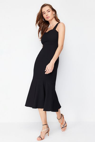 Trendyol Collection Černá sukně volánka s páskem Midi tkané šaty TWOSS24EL00508