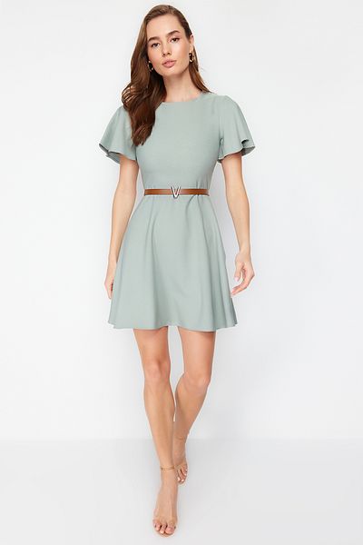 Trendyol Collection Mint Belted Skirt Flounce Mini Woven Dress TWOSS24EL00603