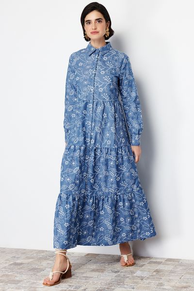 فستان قميص قطن نيلي - تطريز منسوج، جبر TCTSS24EB00091
