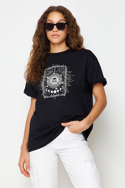 Trendyol Collection Tricou negru, 100% bumbac, tricotat supradimensionat/cu croiala lată, cu decolteu turn, TWOSS20TS0247