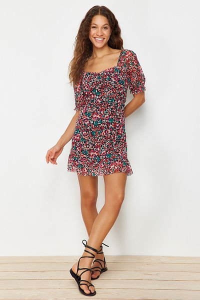 Trendyol Collection Mehrfarbiges, rüschendetailliertes Tüll-Strickkleid