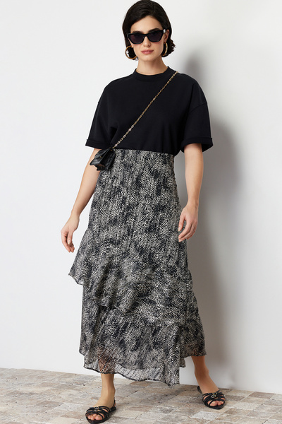 Trendyol Modest Black Animal Patterned Lined Woven Skirt TCTAW24EE00020
