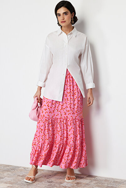 Trendyol Modest Rózsaszín virágmintás szövött szoknya TCTSS22EE00000