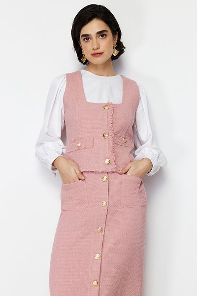 Trendyol Modest Rózsaszín tweed mellény és szoknya szett - TCTSS24US00013