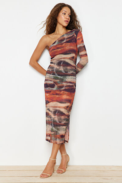 Trendyol Collection Multicolored Fitted Draped One Shoulder Tulle Lined Maxi Knitted Dress TWOSS23EL01799