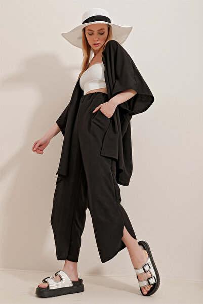 Trend Alaçatı Stili Schwarzes Damen-Doppelset aus Hose und Jacke mit geschlitztem Bein und selbststrukturierter Struktur ALC-752-001