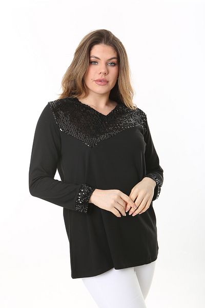 Şans Women's Plus Size Black Robe And Sleeve Sequin Detailed V-Neck Long Sleeve Blouse 65N37508
