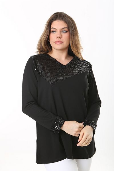 Şans Women's Plus Size Black Robe And Sleeve Sequin Detailed V-Neck Long Sleeve Blouse 65N37508
