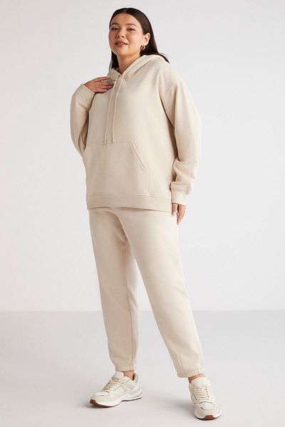 ETHIQUET Lenkabb Women's Comfort Fit Beige Large Size Sweatpants with Fleece Inside and Elastic Waist and Legs