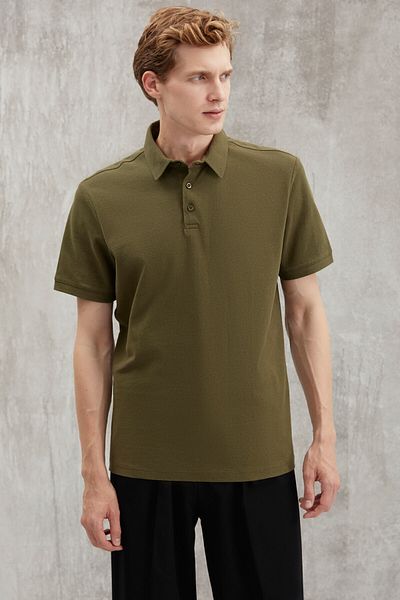 GRIMELANGE Pánské tričko Eddie Slim Fit 100% bavlna Khaki Polo Neck