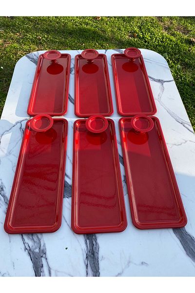 Aslı Hediyelik 2 Model 6-Piece Red Baton Tray and 6-Piece Red Macaron Bowl, Coffee and Pastry Serving Presentation Tray
