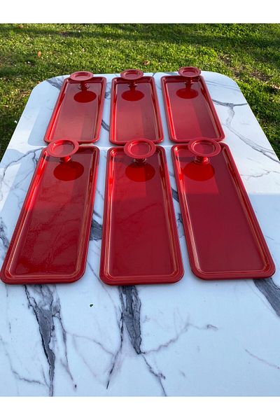 Aslı Hediyelik 2 Model 6-Piece Red Baton Tray and 6-Piece Red Macaron Bowl, Coffee and Pastry Serving Presentation Tray