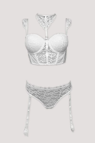 Pierre Cardin Ecru 4862 Genoa 3-Piece Bustier Bra with Garter Thong / Fancy Underwear Set with Socks Gift