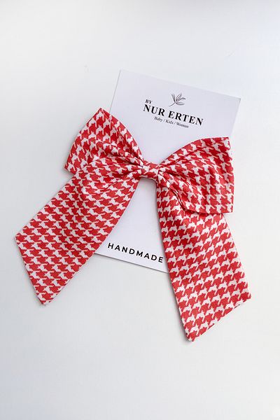 By Nur Erten Red Houndstooth Patterned Automatic Clip Bow Hair Clip