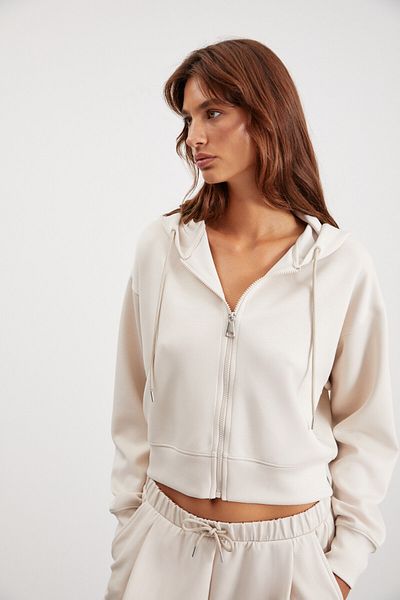 GRIMELANGE Jill Women's Relaxed Fit Comfortable Fit Hooded Zipped Premium Fabric Knitted Crop Vanilla Sweatshirt