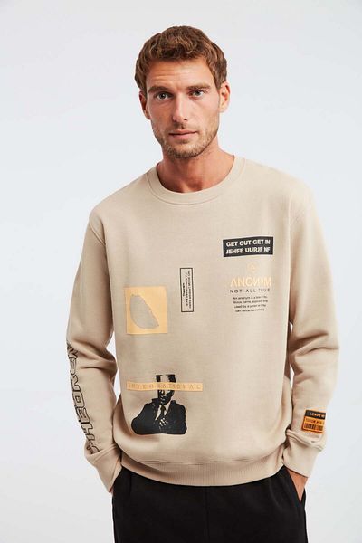 GRIMELANGE Midtown Men's Multi-Position Printed Large Ornamental Labeled Fleece Inside Beige Sweatshirt
