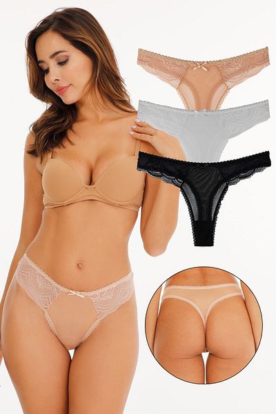 Sensu Lace and Bow Wide Fit Women's Panties Set of 3 - Kts2056