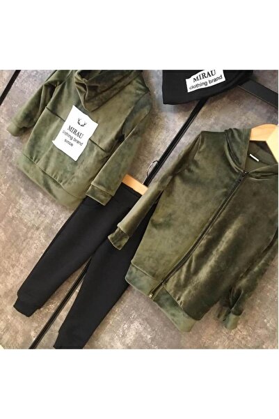 Riccotarz Girl's Text Printed Hooded Velvet Khaki Tracksuit Set