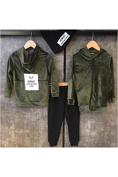 Riccotarz Girl's Text Printed Hooded Velvet Khaki Tracksuit Set