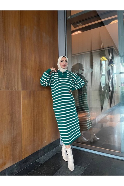 Arden Scarf Ριγέ πλεκτό φόρεμα με φερμουάρ Σμαραγδένιο πράσινο