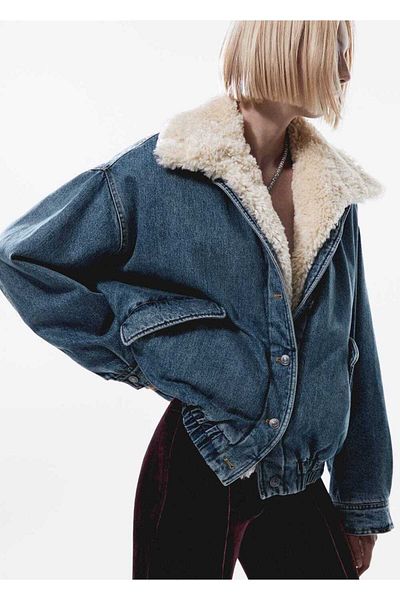 MANGO Woman Jachetă Bomber Furry Denim