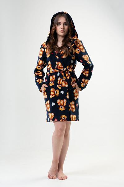 Genel Markalar Kadın Mavi Polar Kapşonlu Kısa Sabahlık