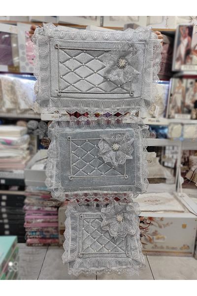 Çt Çeyizci Tekstil Προίκα 3 τεμαχίων νυφική τσάντα προίκας βελούδο 3 τεμαχίων με καρφίτσα και πέρλες 3 τεμαχίων προίκα βελούδινη δαντέλα τσάντα
