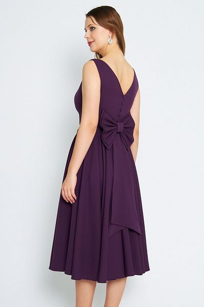 Bidoluelbise Women's Back Bow Ornamental Buttoned V-Neck Pleated Midi Flared Plum Evening Dress