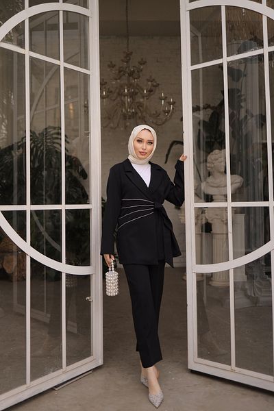 lurex moda STONE DETAILED SIDE TIE JACKET PANT SET