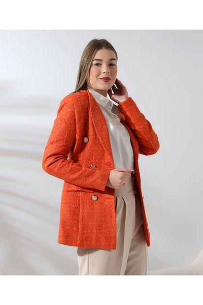 LADYSuits Orange Lined Faux Pocket Tweed Blazer Jacket