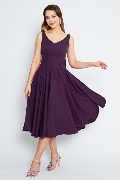 Bidoluelbise Kadın Sırtı Fiyonklu Süs Düğmeli V Yaka Pileli Midi Kloş Mürdüm Abiye Elbise