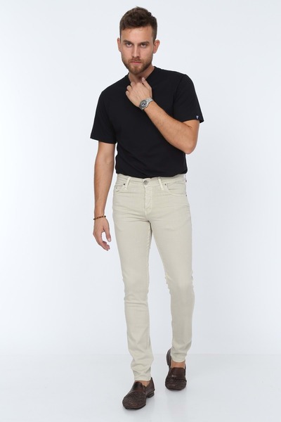 Olivia Digital Jeans Dar Kesim Erkek Likralı Açık Gri Kot Pantolon Krem