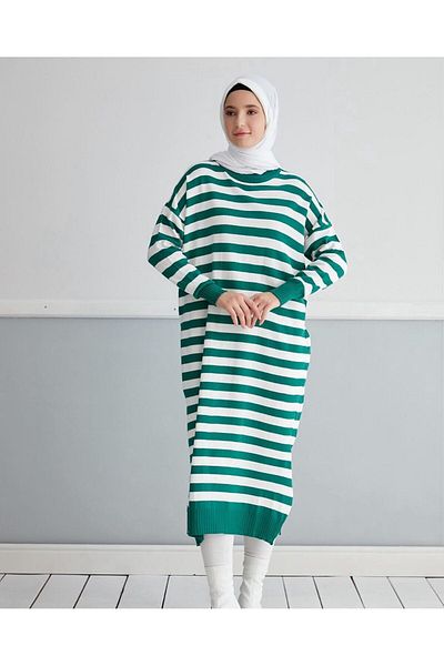 Afili Women's Side Slit Striped Long Knitwear Hijab Tunik