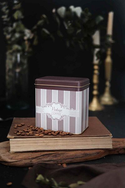 EVLE Er205-7A Elegance Coffee Patterned Square Metal Storage Container 8 X 12 cm
