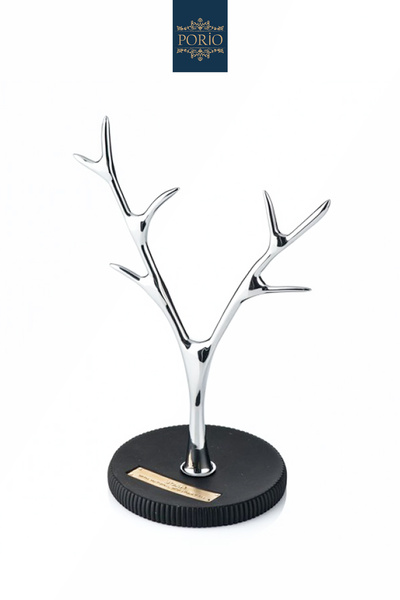 Porio Geyik Boynuzu Tasarımlı Metal Yüzük Küpe Kolye Mücevher Takı Standı Ask...