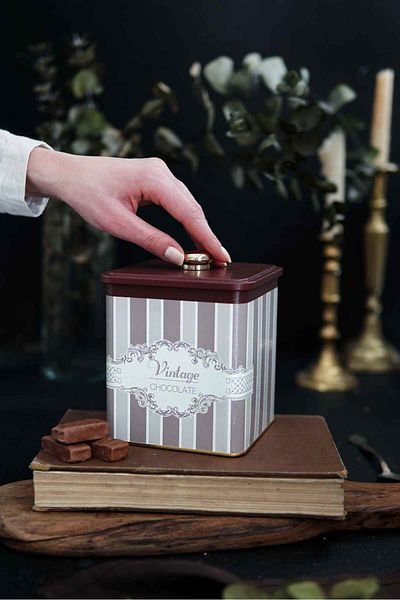 EVLE Er023-4j Elegance Chocolate Patterned Square Metal Storage Container 12x12 Cm