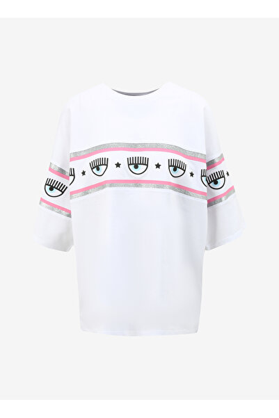 CHIARA FERRAGNI Bisiklet Yaka Baskılı Beyaz Kadın T-Shirt 75CBHF01